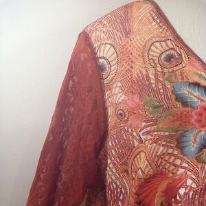 Women 18 20 Art V neck Top Blouse Floral Orange Tropical Birds Sheer 3/4 Sleeves